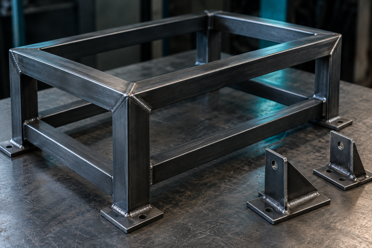 Welded fabrication — illustrative assembly Illustration of a welded steel support frame and gusseted brackets
