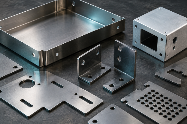 Sheet metal fabrication — illustrative components Illustration of folded sheet metal trays, brackets and laser-cut components